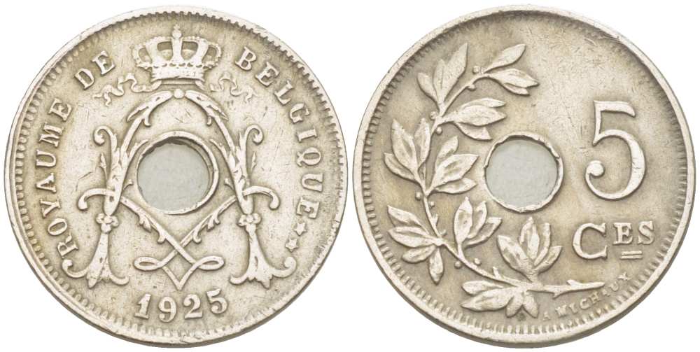 Бельгия 5 сантимов 1925 Belgique, Альберт I (1909-1934) KM 66 медно-никель 100-1027