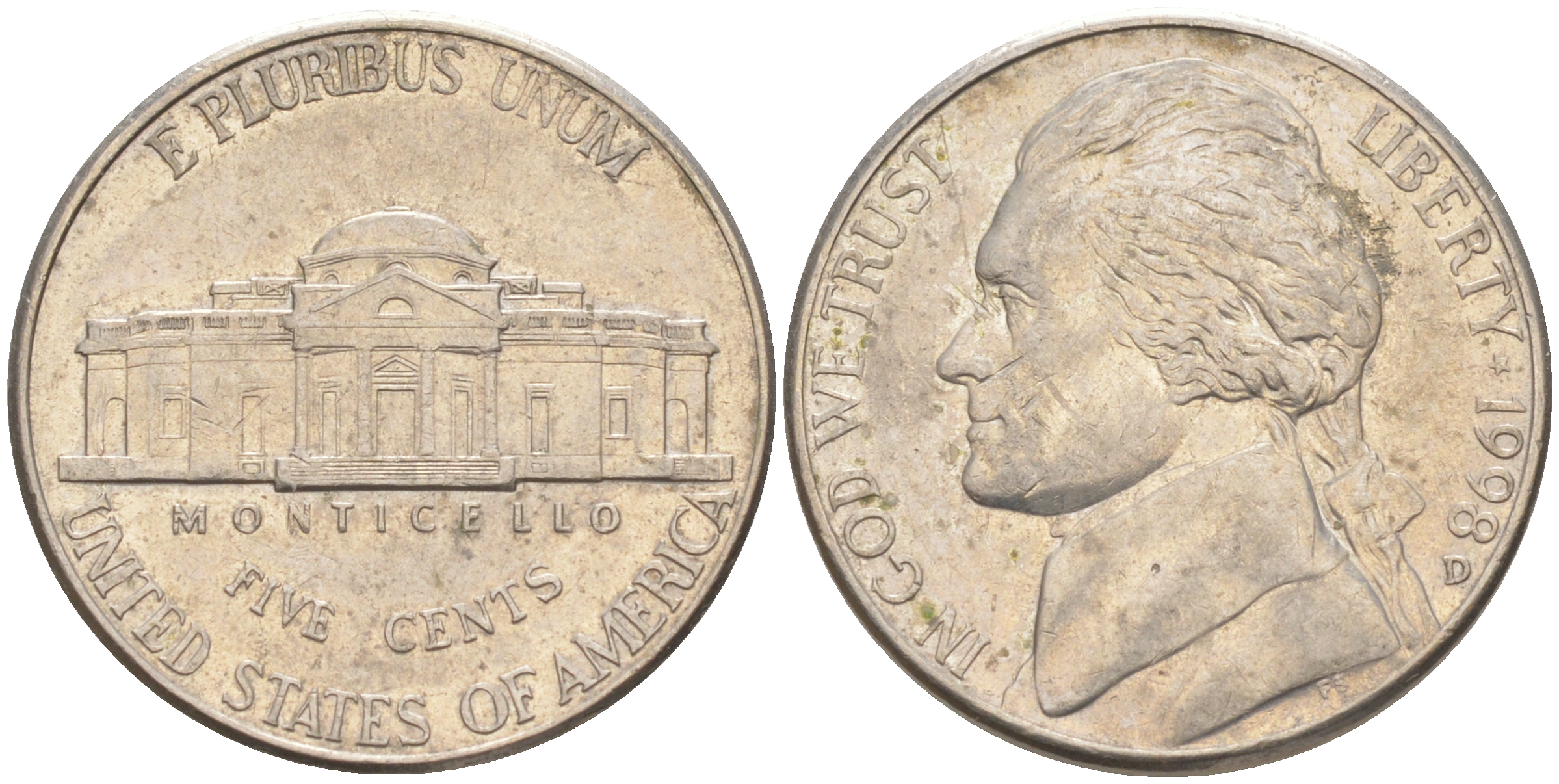 США 5 ЦЕНТОВ 1998 D ДЖЕФЕРСОН KM A192 медно-никель 4114-1121