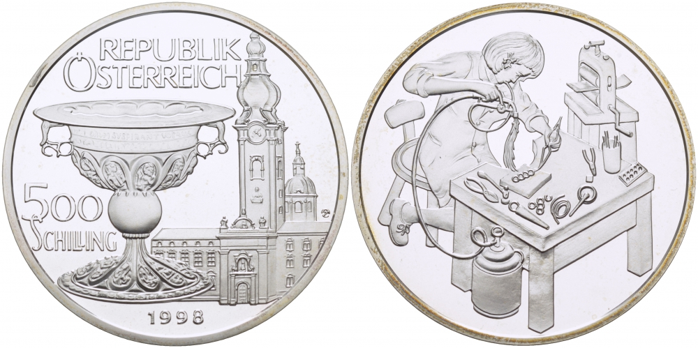 Австрия 500 шиллингов 1998 золотая чаша и церковь, золотых дел мастер (ювелир) KM 3054 серебро PROOF 1077-10-42