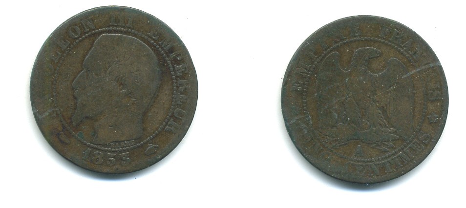 ФРАНЦИЯ 5 САНТИМОВ 1853 А, НАПОЛЕОН III (1852-1870) KM 777.1, LE FRANC 116.1 бронза 84-532