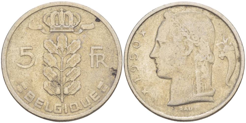 БЕЛЬГИЯ 5 ФРАНКОВ 1950 BELGIQUE, БОДУЭН I (1951-1993) KM 134.1 медно-никель 4546-321