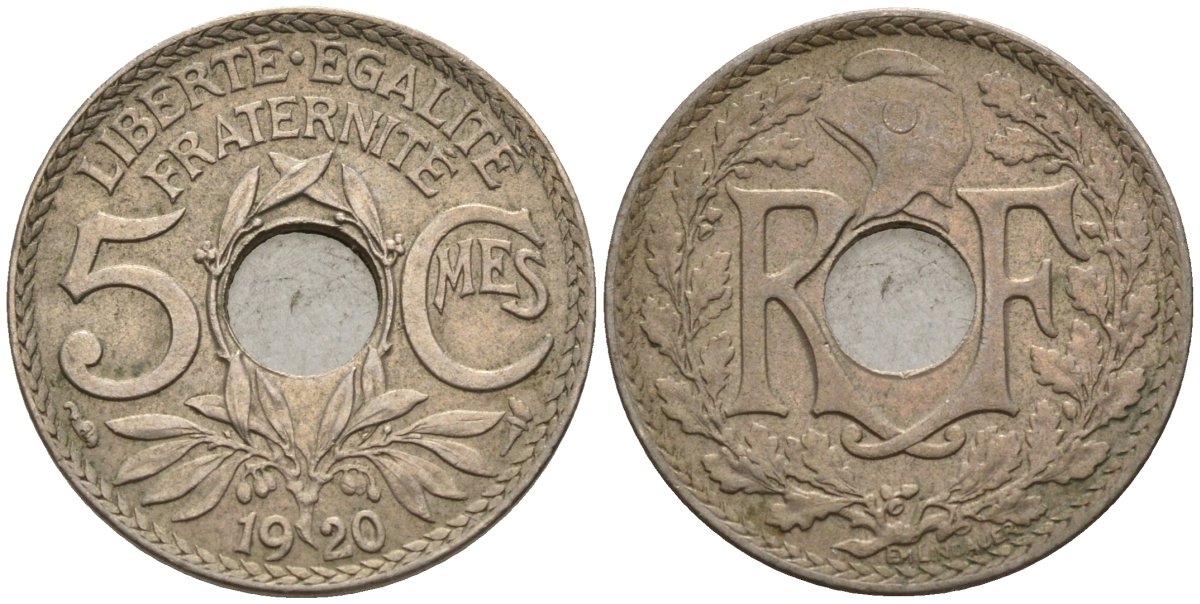 Франция 5 сантимов 1920 KM 865 медно-никель 4596-445