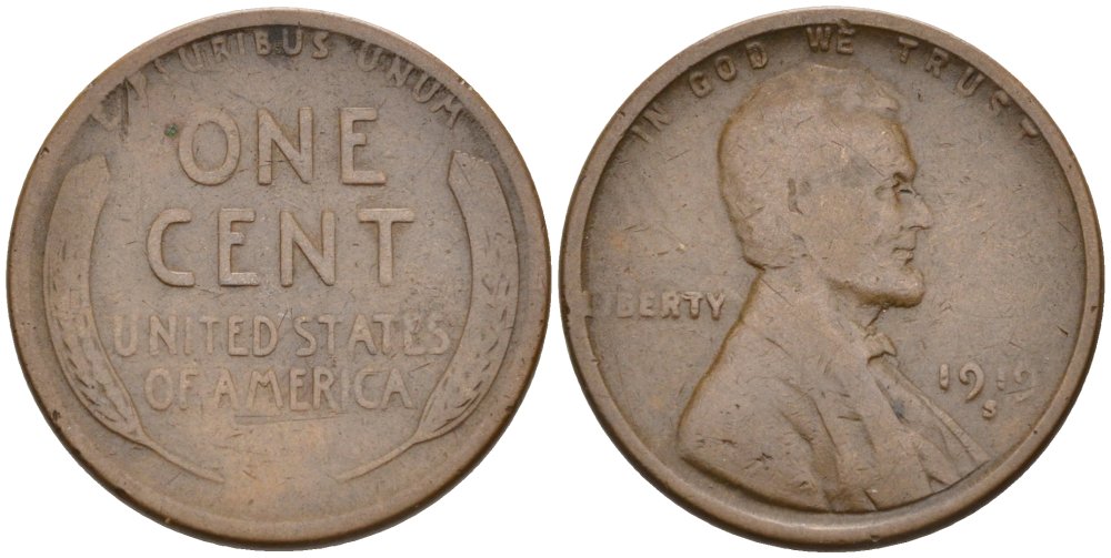 США 1 цент 1919 S, Линкольн KM 132 бронза 4576-257