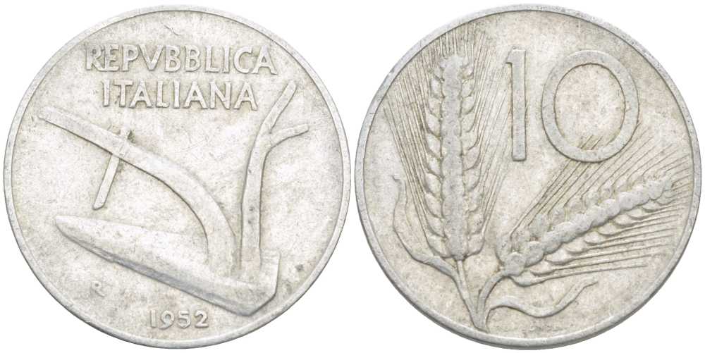ИТАЛИЯ 10 ЛИР 1952 R, ПЛУГ, КОЛОСЬЯ KM 93 алюминий 175-334