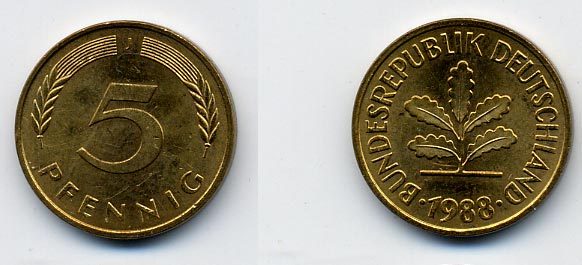 ФРГ 5 ПФЕННИГОВ 1988 J KM 107, J. 382 сталь плакированная латунью 36-826