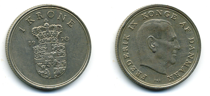 ДАНИЯ 1 КРОНА 1970 C; S, ФРЕДЕРИК IX (1947-1972) KM 851.1 медно-никель 56-537