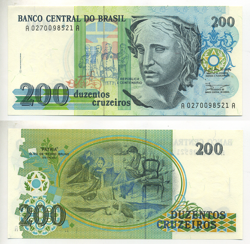 Бразилия 200 крузейро 1990 Pick 229 бумага UNC (пресс) 6299-14-2