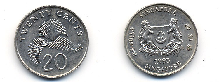 Сингапур 20 центов 1993 KM 101 медно-никель 76-635