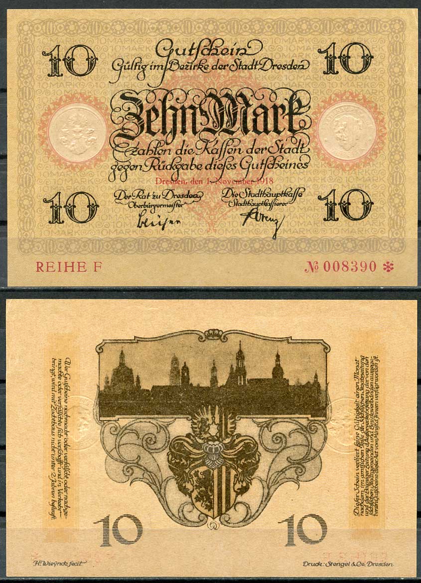 Германия, Дрезден 10 марок 1918 нотгельд, 1.11.1918, reihe F Geiger 108.04  бумага  UNC (пресс) 000-00-00