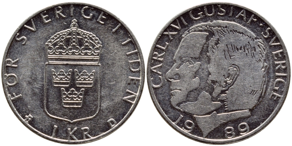 Швеция 1 крона 1989 Карл XVI Густав (1973- ) KM 852a медно-никель 4398-1212
