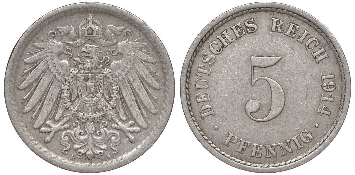 ГЕРМАНИЯ 5 ПФЕННИГОВ 1914 A, KM 11, J. 12 медно-никель 45-1138