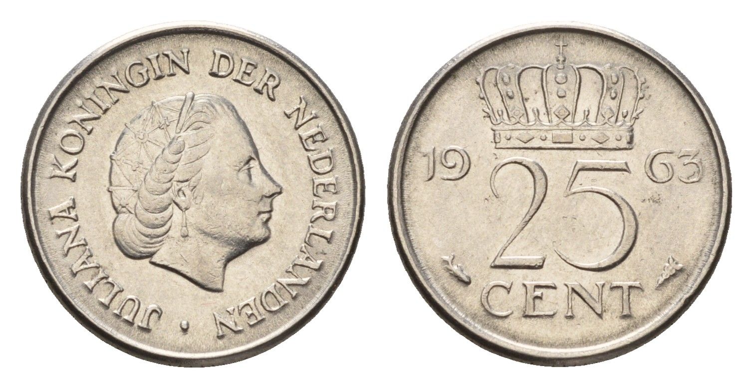 Нидерланды 25 центов 1963 Юлиана (1948-1980) KM 183 никель 4658-825