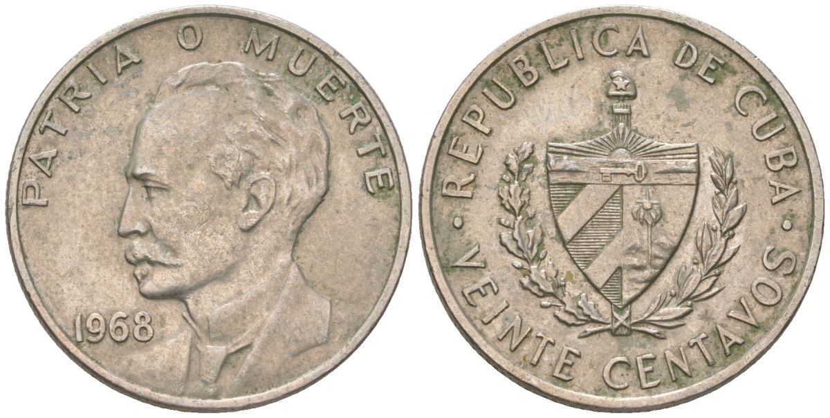 Куба 20 сентаво 1968 Хосе Марти KM 31, Y 25, Schoen 29 медно-никель 4513-1126