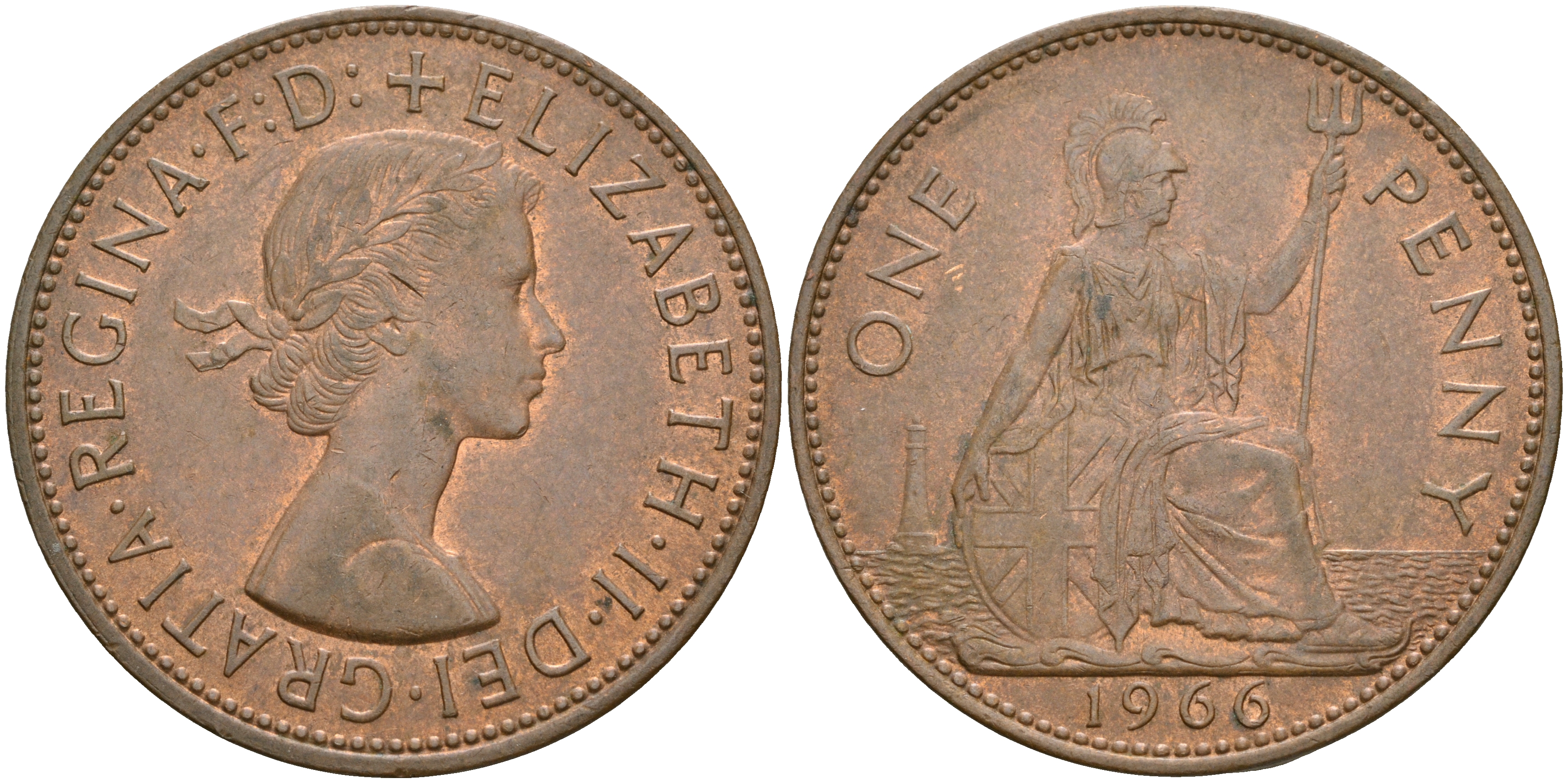 Великобритания 1 пенни 1966 Елизавета II (1952-2022) КМ 897, Spink 4157 бронза    4110-424