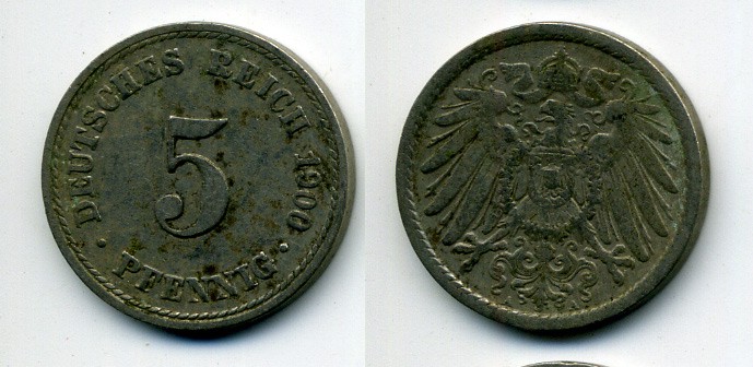 ГЕРМАНИЯ 5 ПФЕННИГОВ 1900 A, KM 11, J. 12 медно-никель 58-1231