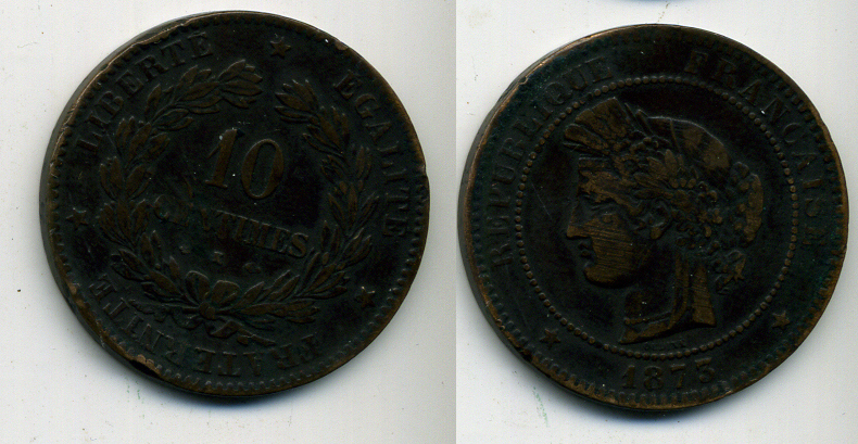 ФРАНЦИЯ 10 САНТИМОВ 1873 K, ТРЕТЬЯ РЕСПУБЛИКА (1871-1940) KM 815.2, LA FRANC 135.11 бронза 41-1146
