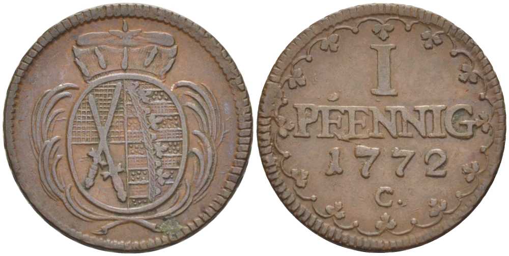САКСОНИЯ 1 ПФЕННИГ 1772 С, ФРИДРИХ АВГУСТ III (1763-1806) KM 1000 (С91) медь 206-346
