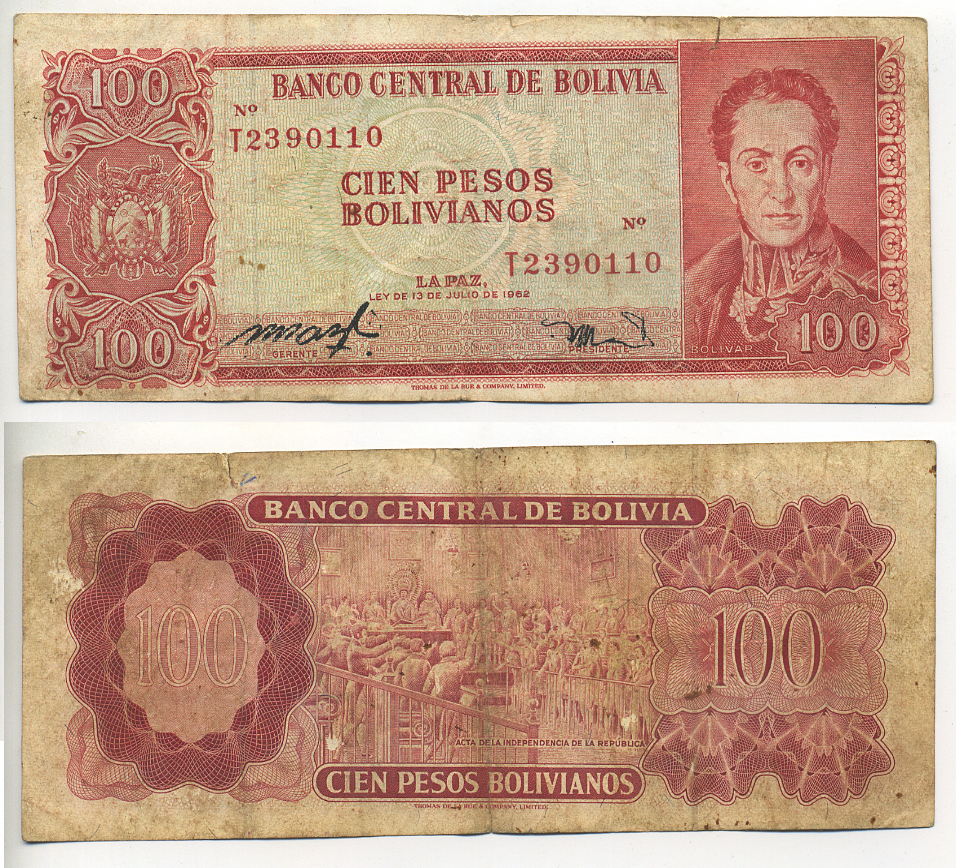 БОЛИВИЯ 100 БОЛИВАНО 1962 Pick 157b бумага 7548-23-4-1