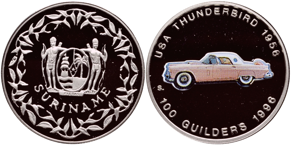 Суринам 100 гульденов 1996 США, Thunderbird 1956, эмаль KM 46 медно-никель PROOF 1524-645
