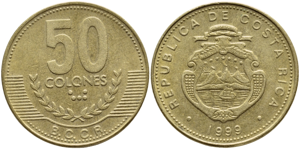 КОСТА-РИКА 50 КОЛОН 1999 B.C.C.R., ГОД ТИП KM 231.1 латунь 61-1244