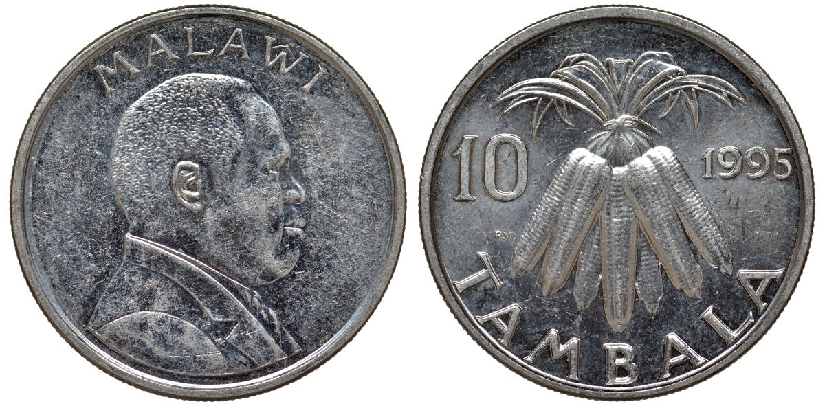 Малави 10 тамбала 1995 кукуруза KM 27 никелированная сталь 4163-1211