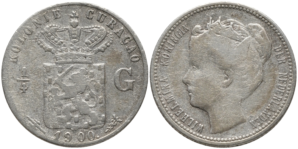 Нидерландское Кюрасао 1/4 гульдена 1900 Вильгельмина (1890-1948) KM 35 серебро 4387-953