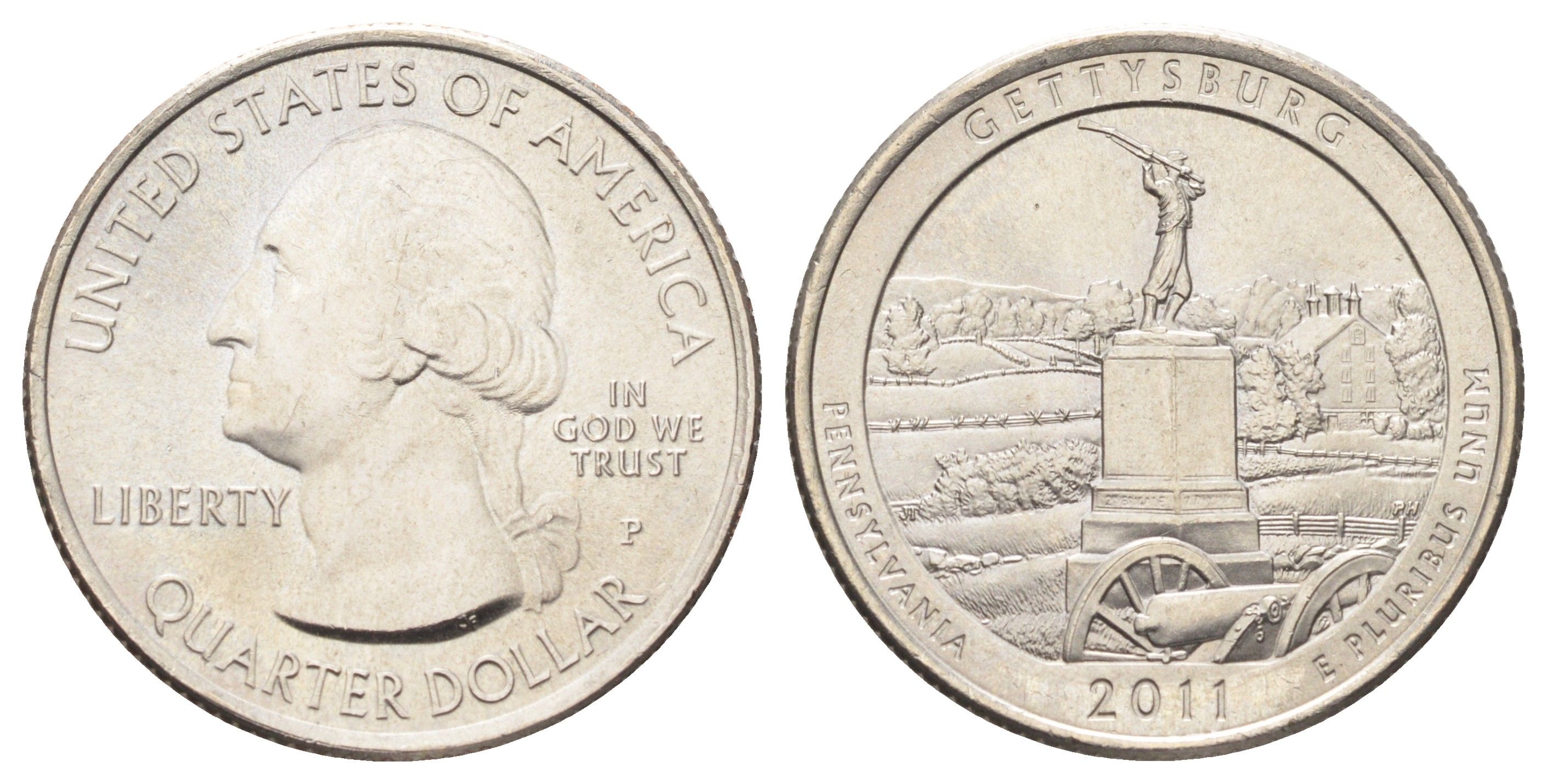 США 25 центов (квотер, 1/4 доллара) 2011 P, Квотеры «Парки США» - Национальный парк Геттисберг KM 494 медь плакированная медно-никелем UNC 4666-927