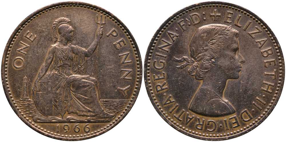 Великобритания 1 пенни 1966 Елизавета II (1952-2022) КМ 897, Spink 4157 бронза 115-444