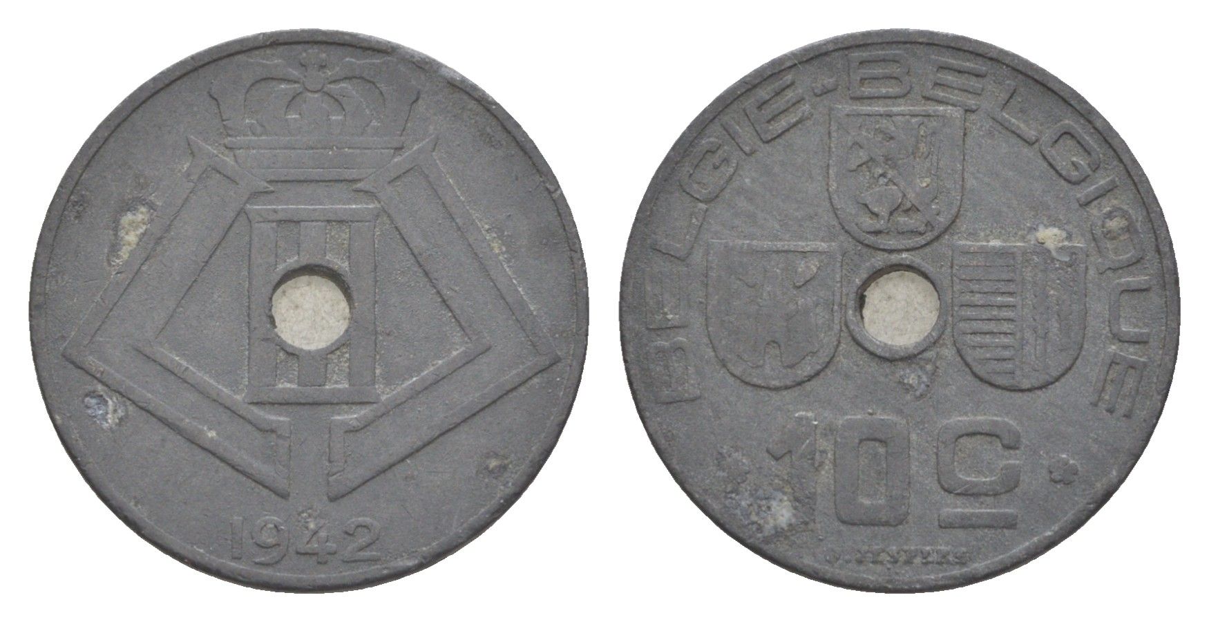 Бельгия 10 сантимов 1942 Belgie - Belgique, Леопольд III (1934-1947), германская оккупация, Вторая мировая война KM 126 цинк 4639-114