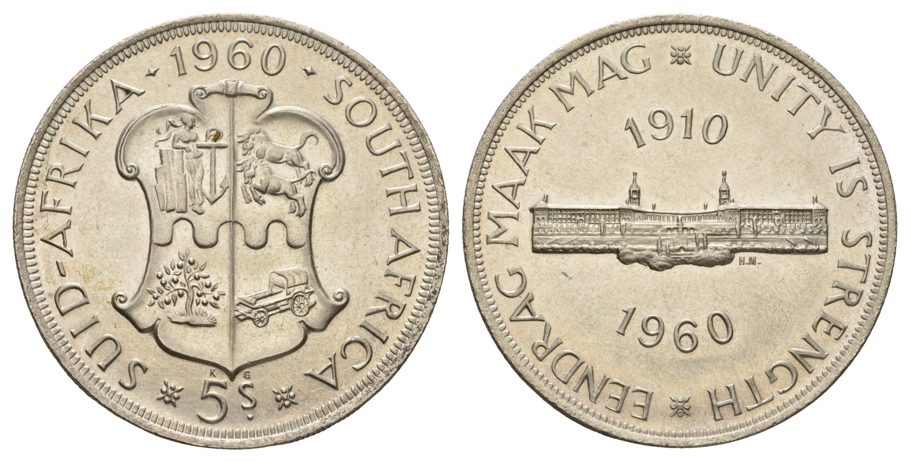 ЮАР 5 шиллингов 1960 50 лет Южноафриканскому союзу KM 55 серебро UNC 650-1033