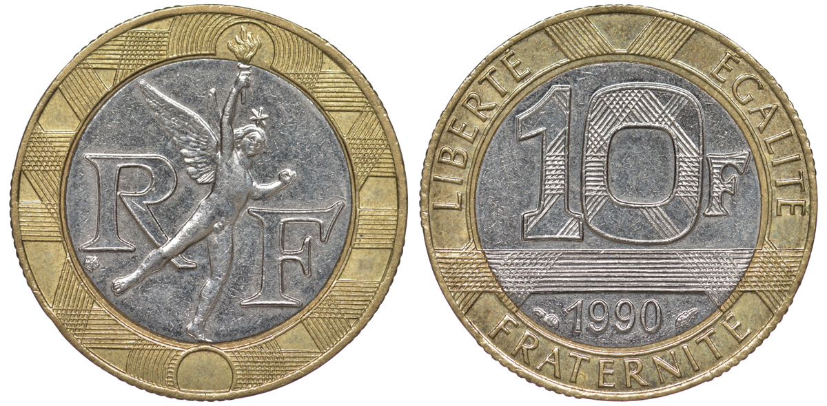 Франция 10 франков 1990 тип Гений Бастилии KM 964.1, Le Frank 375.5 биметалл 45-711