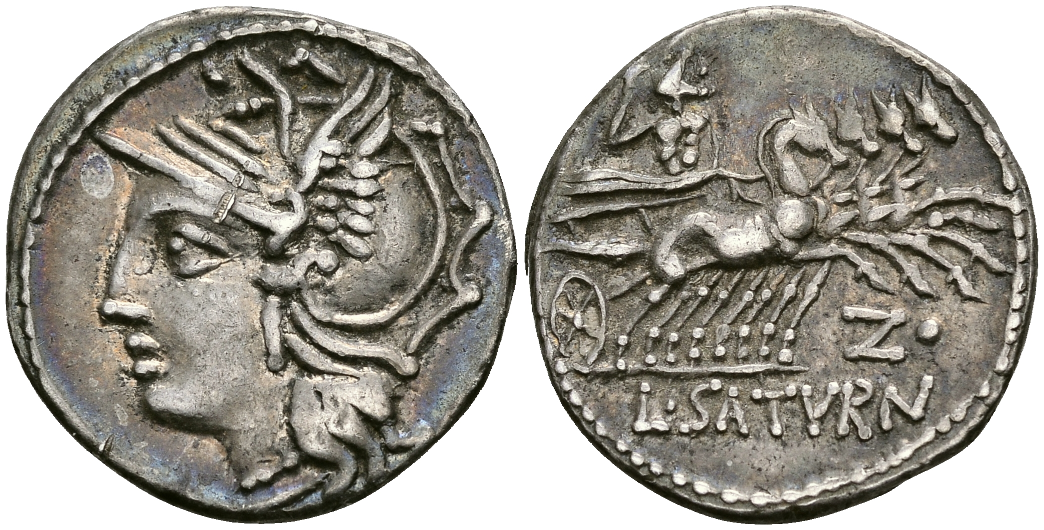 Римская Республика денарий 104 г. до н.э. монетарий Л. Аппулей Сатурнин. голова Ромы / Сатурн в квадриге GOOD VERY FINE 3,89 ГР. Crawf. 317/3 b; Syd. 578 a серебро 00-000-00