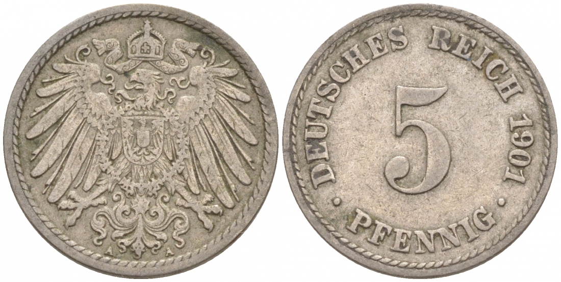 ГЕРМАНИЯ 5 ПФЕННИГОВ 1901 A, KM 11, J. 12 медно-никель 73-214