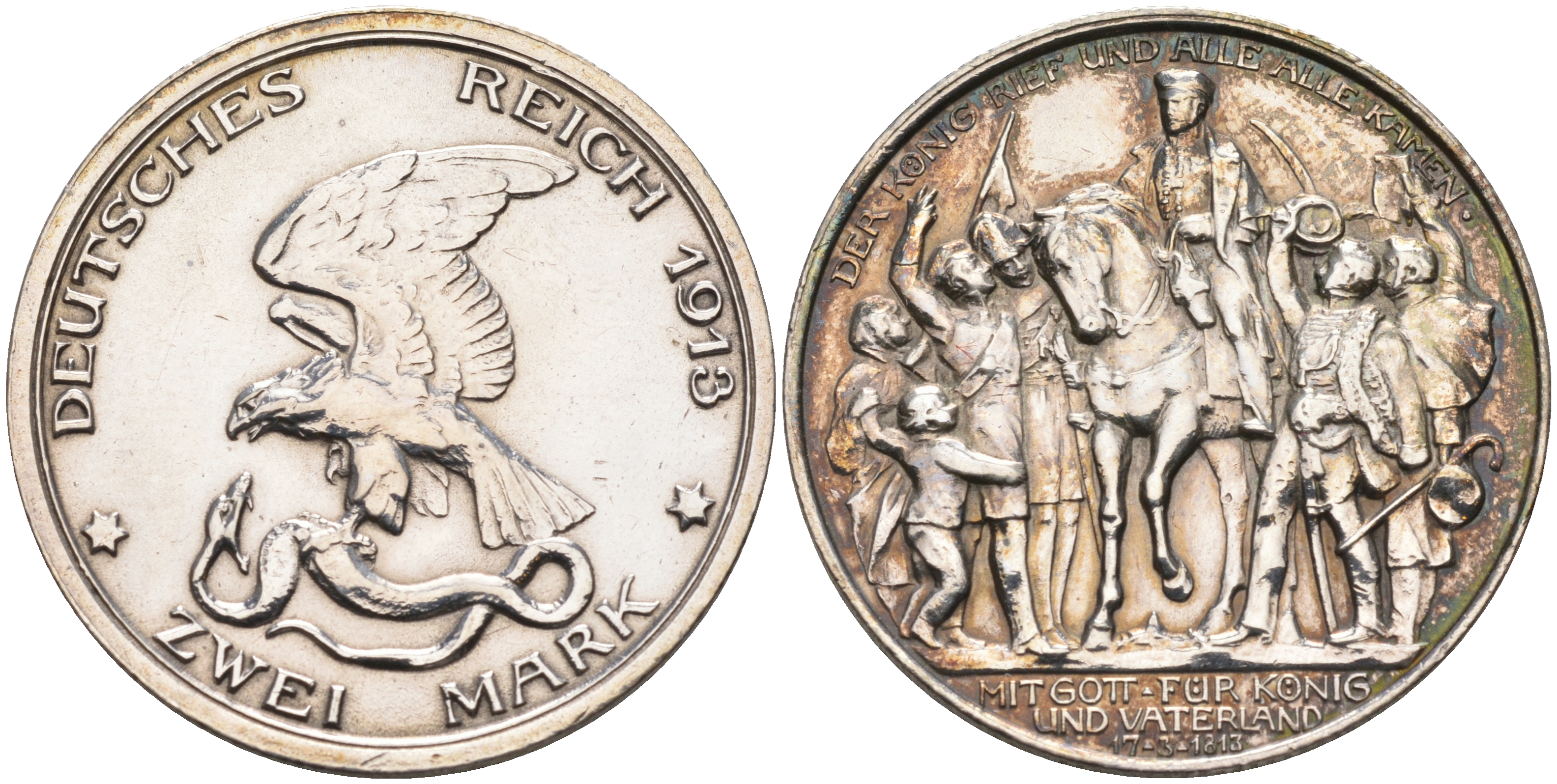 Пруссия 2 марки 1913 A, Вильгельм II (1888-1918), 100 лет победы над Наполеоном J.109, Weege 109, KM 532 серебро 02-230-17