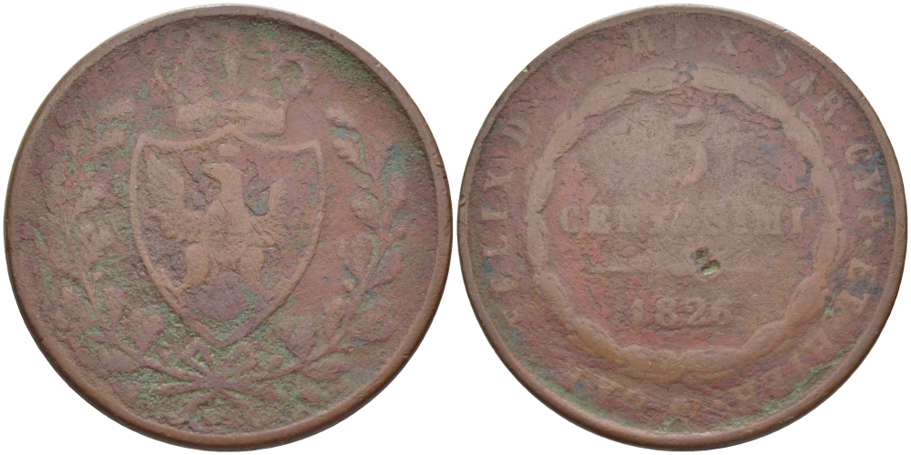 ИТАЛИЯ 5 ЧЕНТЕЗИМО 1826 ПРОВИНЦИЯ САРДИНИЯ KM 100.1 медь 114-716