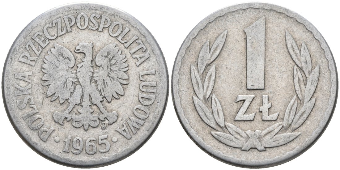 Польша 1 злотый 1965 MW KM 49.1, Parchimowicz 213b алюминий 117-924