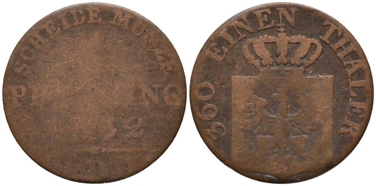 Пруссия 1 пфенниг 1832 D, Фридрих Вильгельм III (1797-1840) KM 405 медь 4549-435