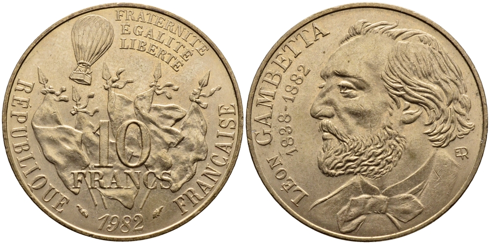 ФРАНЦИЯ 10 ФРАНКОВ 1982 100 ЛЕТ СМЕРТИ ЛЕОНА МИШЕЛЬ ГАМБЕТТЫ KM 950 никель латунь 4389-1131
