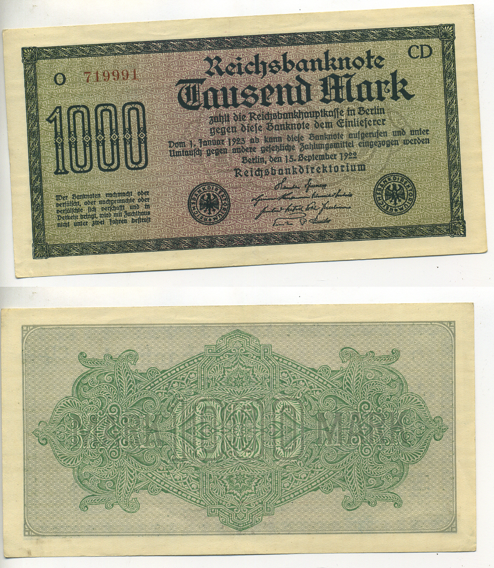 ГЕРМАНИЯ 1000 МАРОК 1922 15 СЕНТЯБРЯ 1922, ВОДЯНОЙ ЗНАК F, БЕЛАЯ БУМАГА Pick 76c бумага 7552-48-1