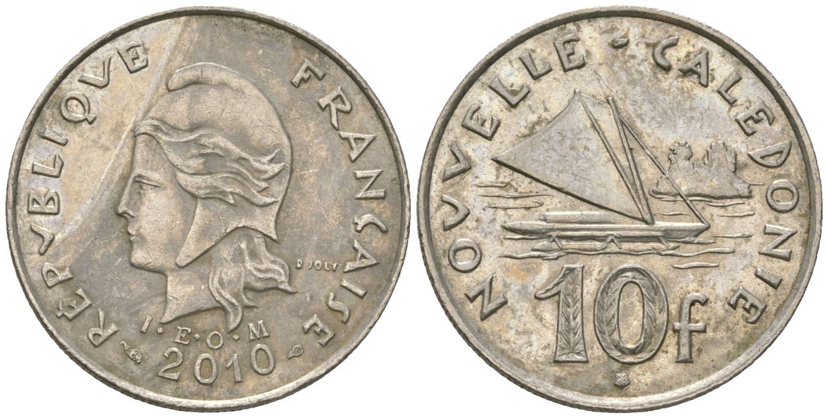 Французская Новая Каледония 10 франков 2010 рыбачья парусная лодка, (IEOM) KM 11a, Schoen 13a, Lec 99k медно-никель 3459-231