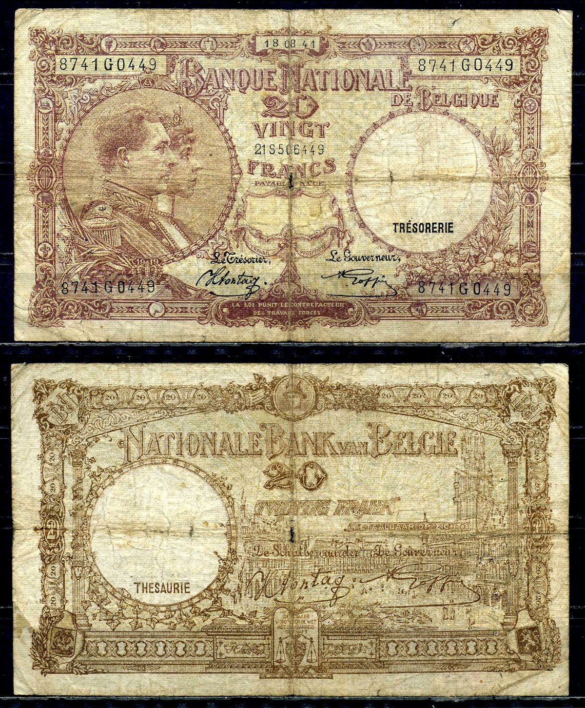 Бельгия 20 франков 1941 18.08.1941, Король Альберт I и его жена Королева Елизавета, Гран-Плас / Гроте Маркт, Брюссель Pick 111 (2) бумага 6301-29-1-2