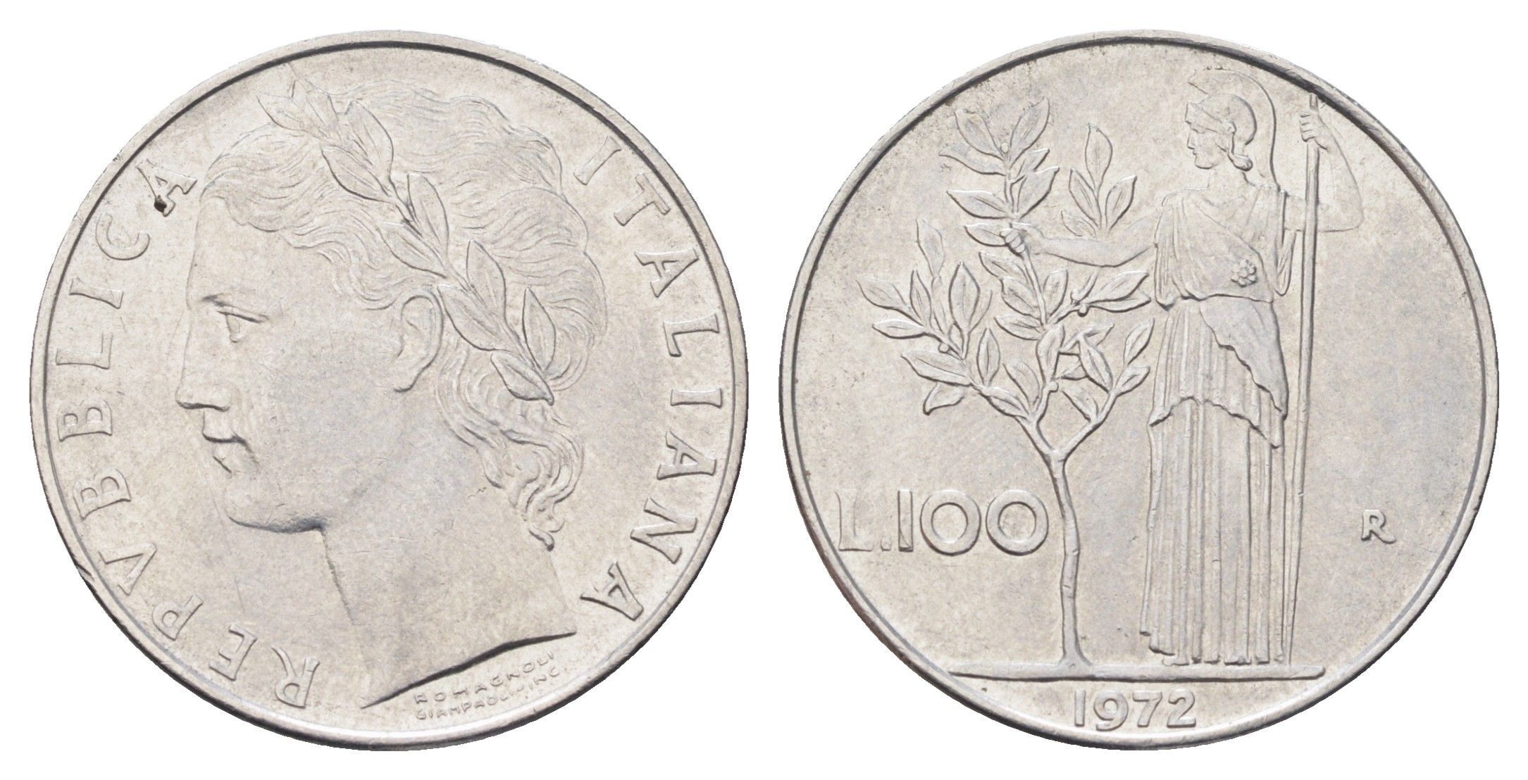Италия 100 лир 1972 R, Афина в доспехах KM 96.1 нержавеющая сталь 4704-717