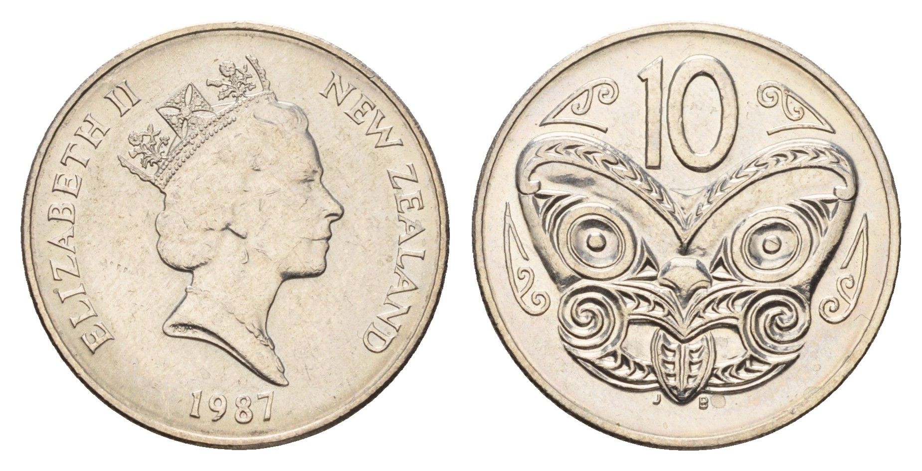 Новая Зеландия 10 центов 1987 Елизавета II (1952-2022), маска маори KM 61 медно-никель 4671-533