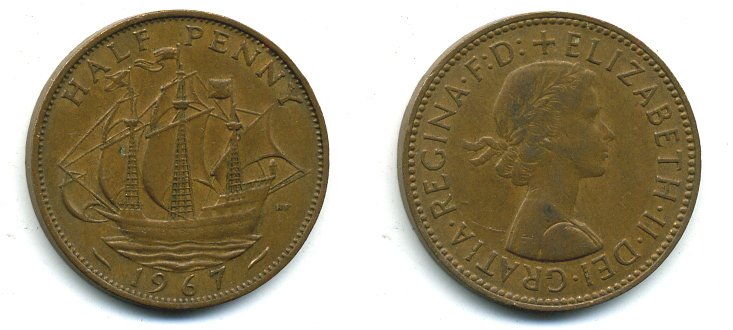 Великобритания 1/2 пенни 1967 Елизавета II (1952-2022) KM 896, Spink 4158 бронза 41-915