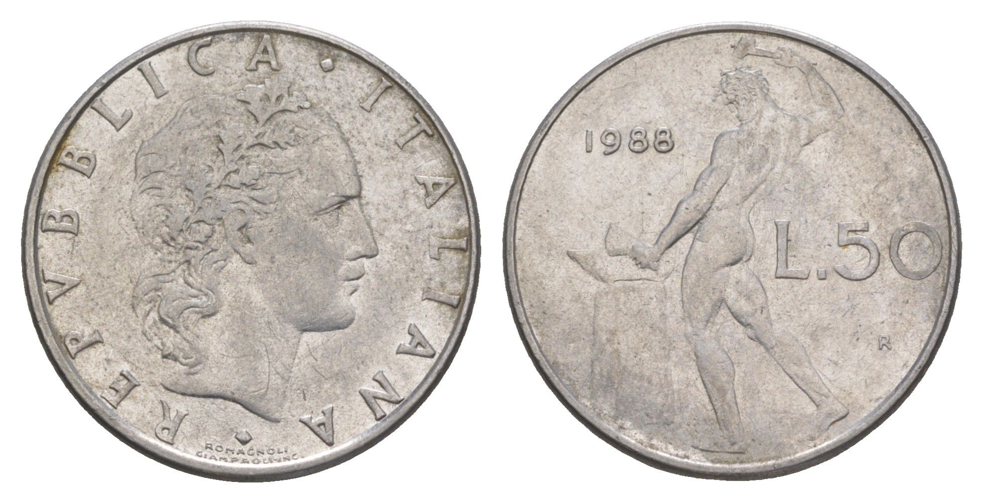 Италия 50 лир 1988 R, бог огня Вулкан у наковальни KM 95.1 нержавеющая сталь 4551-1152