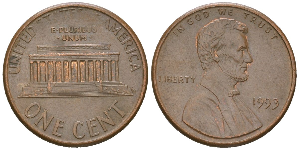 США 1 цент 1993 Авраам Линкольн  KM 201b цинк плакированная медью 220-1037