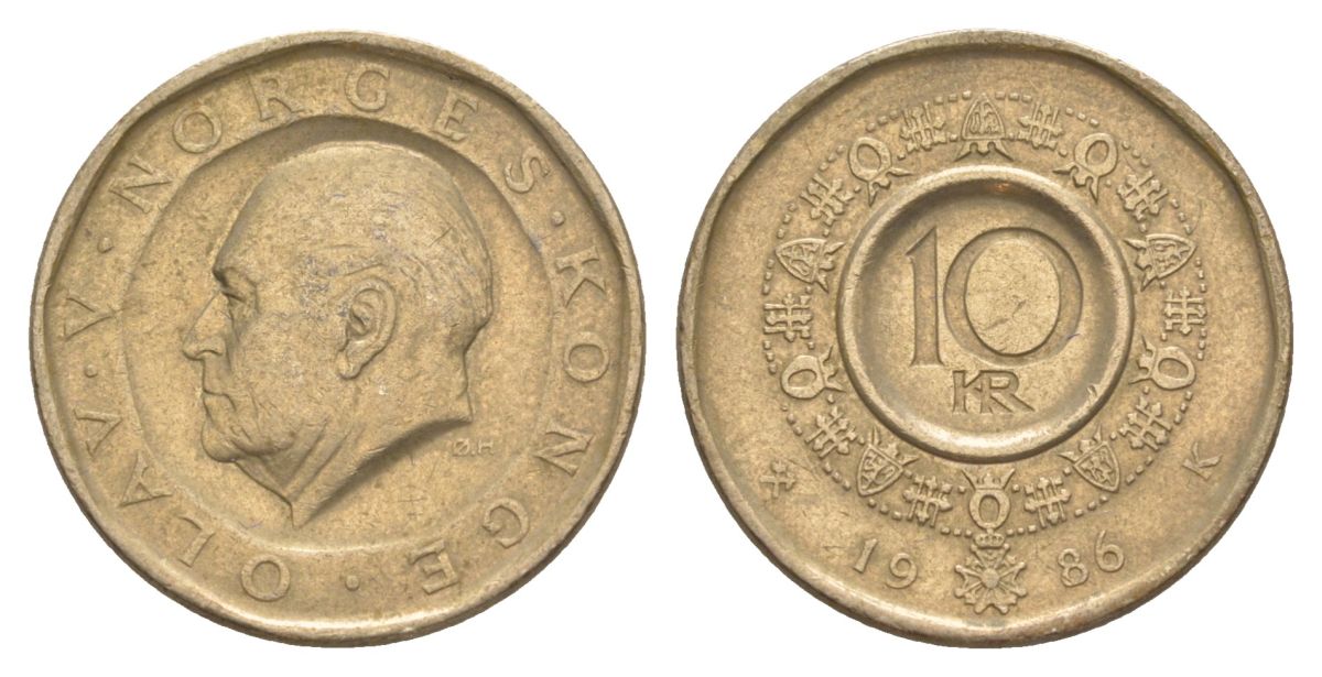 Норвегия 10 крон 1986 Улаф V (1957-1991) KM 427 никель латунь 4635-754