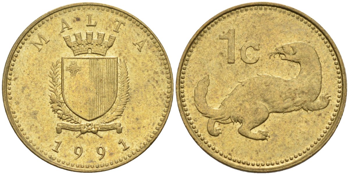 Мальта 1 цент 1991 ласка, горностай KM 93 никель латунь 4585-1214