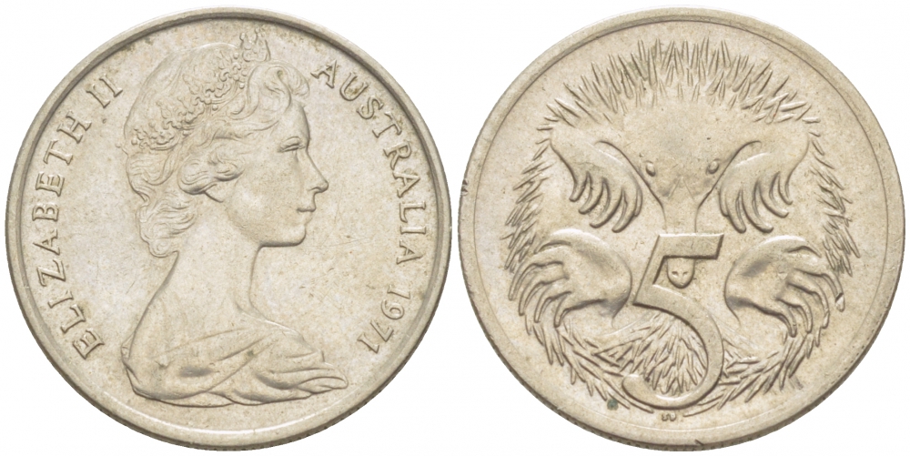 АВСТРАЛИЯ 5 ЦЕНТОВ 1971 ЕЛИЗАВЕТА II, МОЛОДОЙ ПОРТРЕТ, ЕХИДНА KM 64 медно-никель UNC 3851-1125
