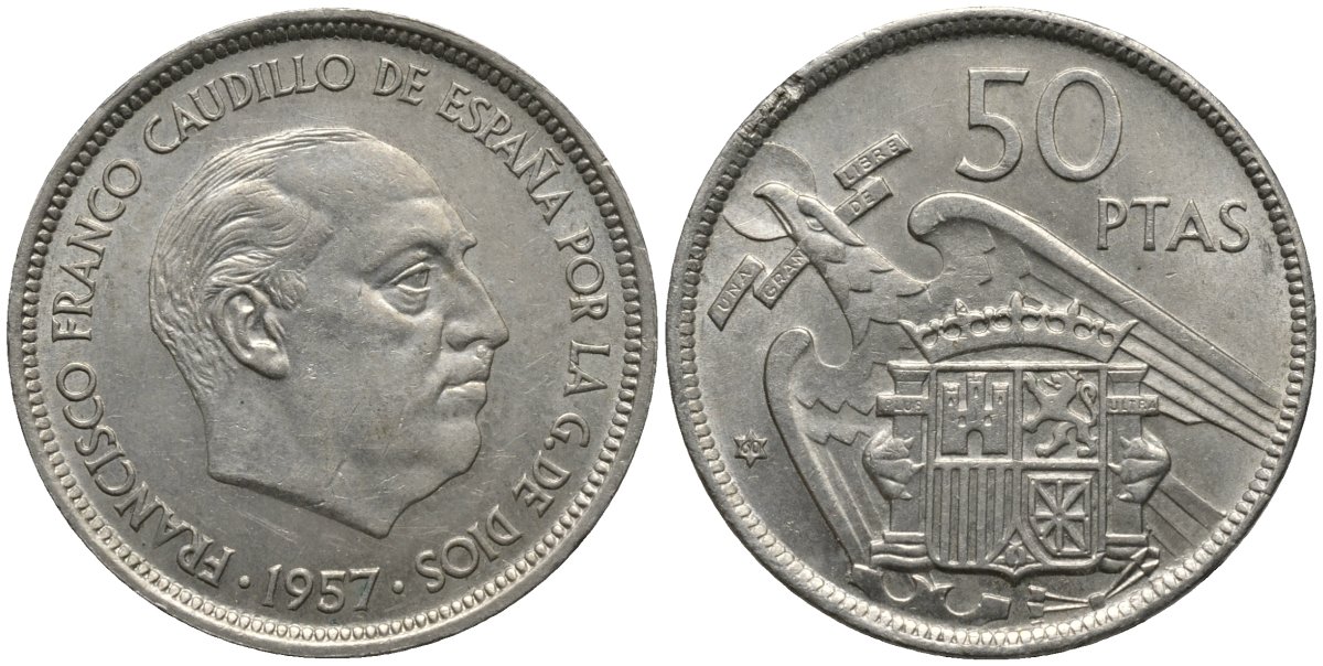 Испания 50 песет 1957 (60) Франсиско Франко (1939-1975) KM 788 медно-никель 4111-1022
